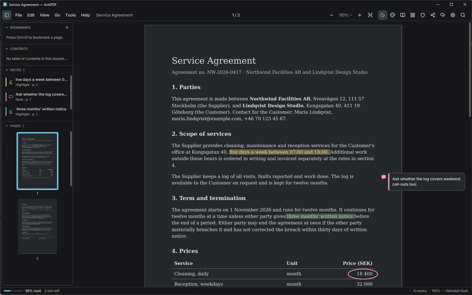 The same agreement in AntiPDF's dark theme: the page is recoloured to light text on a dark sheet, with the same highlights, note and ring.