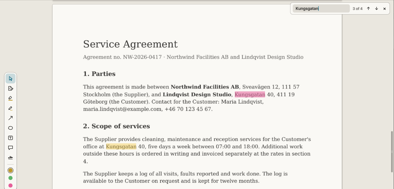 A scanned page of the agreement with the word Kungsgatan found by search: 3 of 4 matches, two of them on the scan.