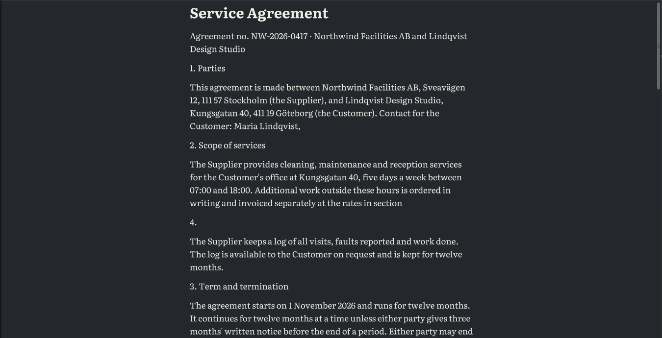 The reading view in the dark theme: the agreement's text set in one column with its headings, no page edges.