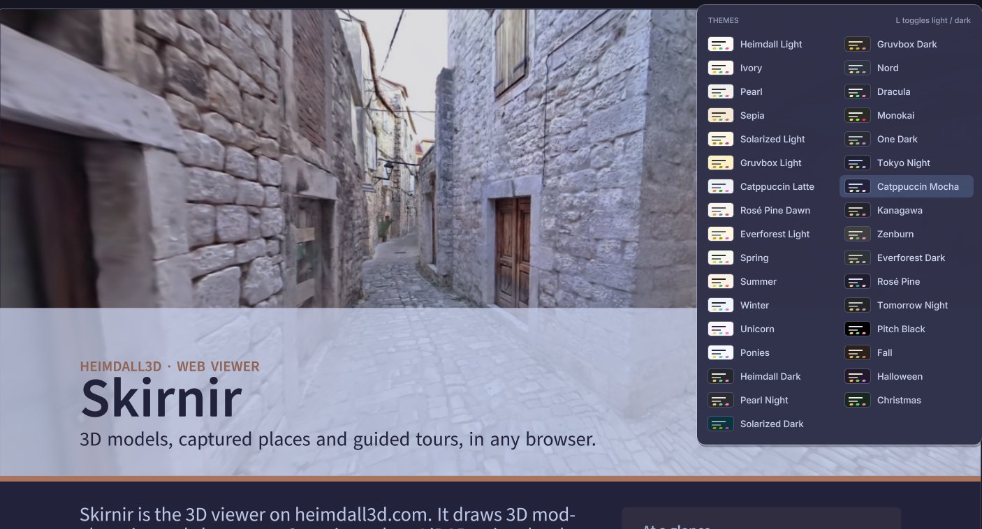 A product sheet in AntiPDF's Catppuccin Mocha theme: the page's white paper has become the theme's deep blue and its text is light, while the photograph of a street in Trogir keeps its own colours. The theme palette beside it lists all 33 themes.